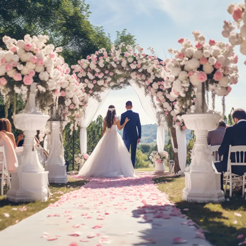 Bride groom wedding aisle flowers