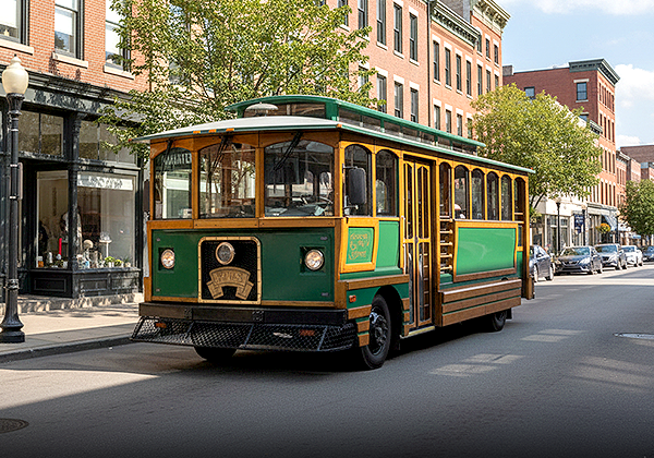 Green vintage trolley bus street