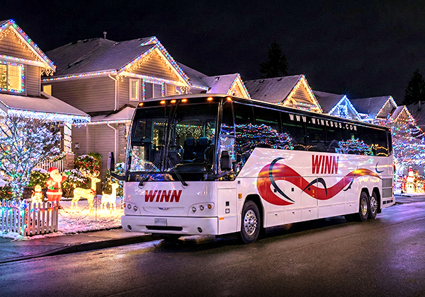 Charter bus parked festive street