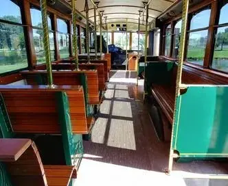 Vintage bus interior wooden seats
