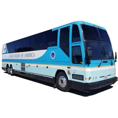 Blue and white charter bus