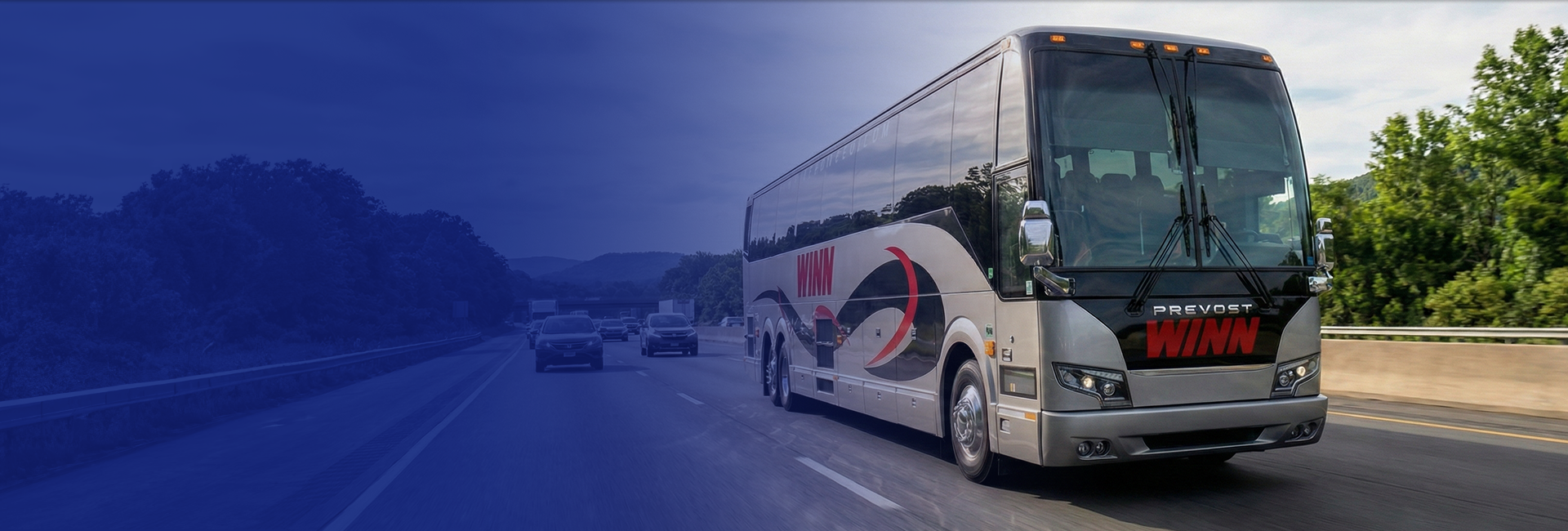 Charter bus driving on highway